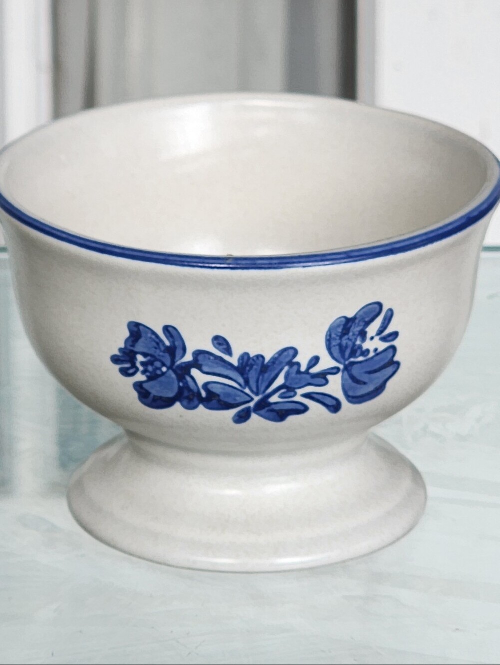 Vintage Pfaltzgraff Yorktowne Footed Dessert Bowl, Blue Floral, Stoneware, USA